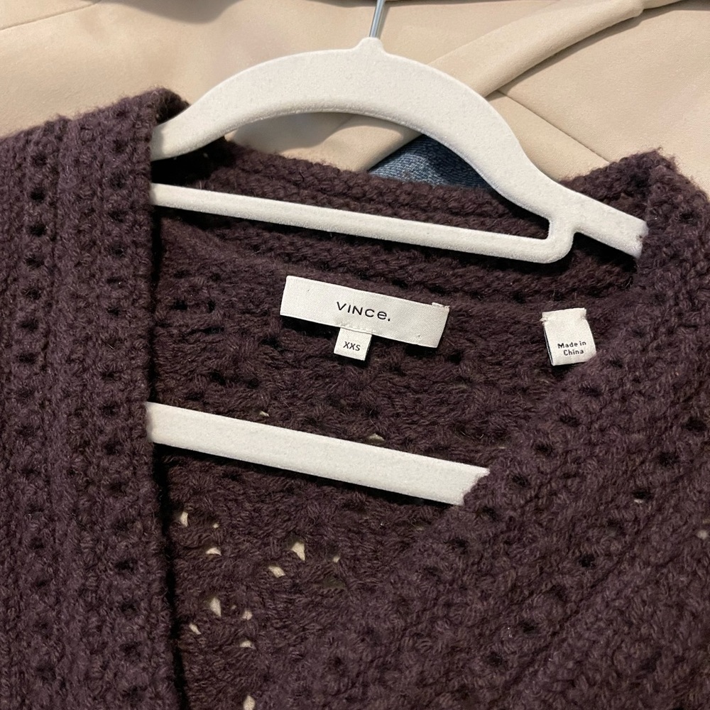 Vince crochet wool blend cashmere cardigan plum wine XXS - Picture 12 of 13